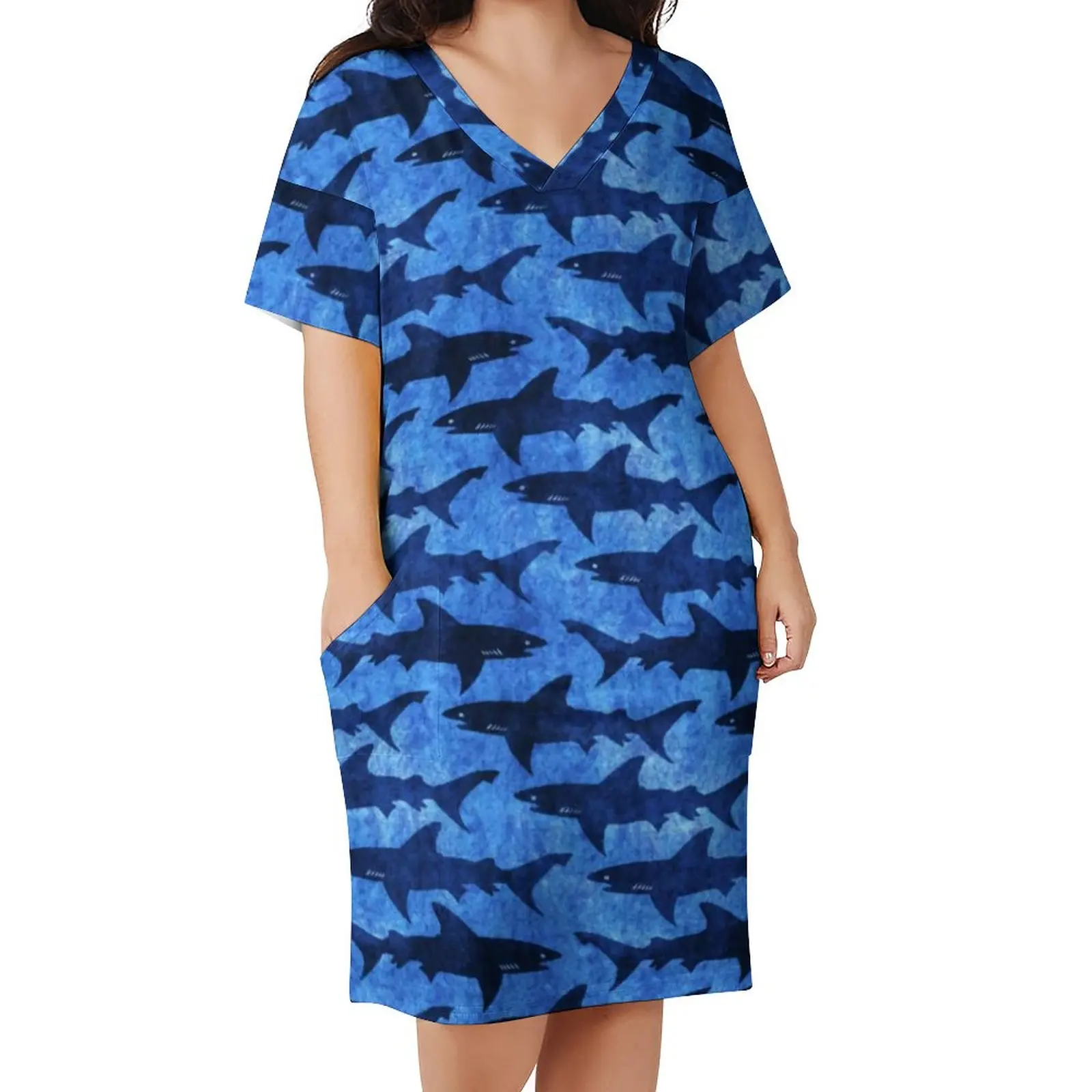 

Funny Shark Casual Dress Summer Sharks in The Deep Blue Sea Sexy Dresses Women Short Sleeve Print Streetwear Dress Plus Size 5XL