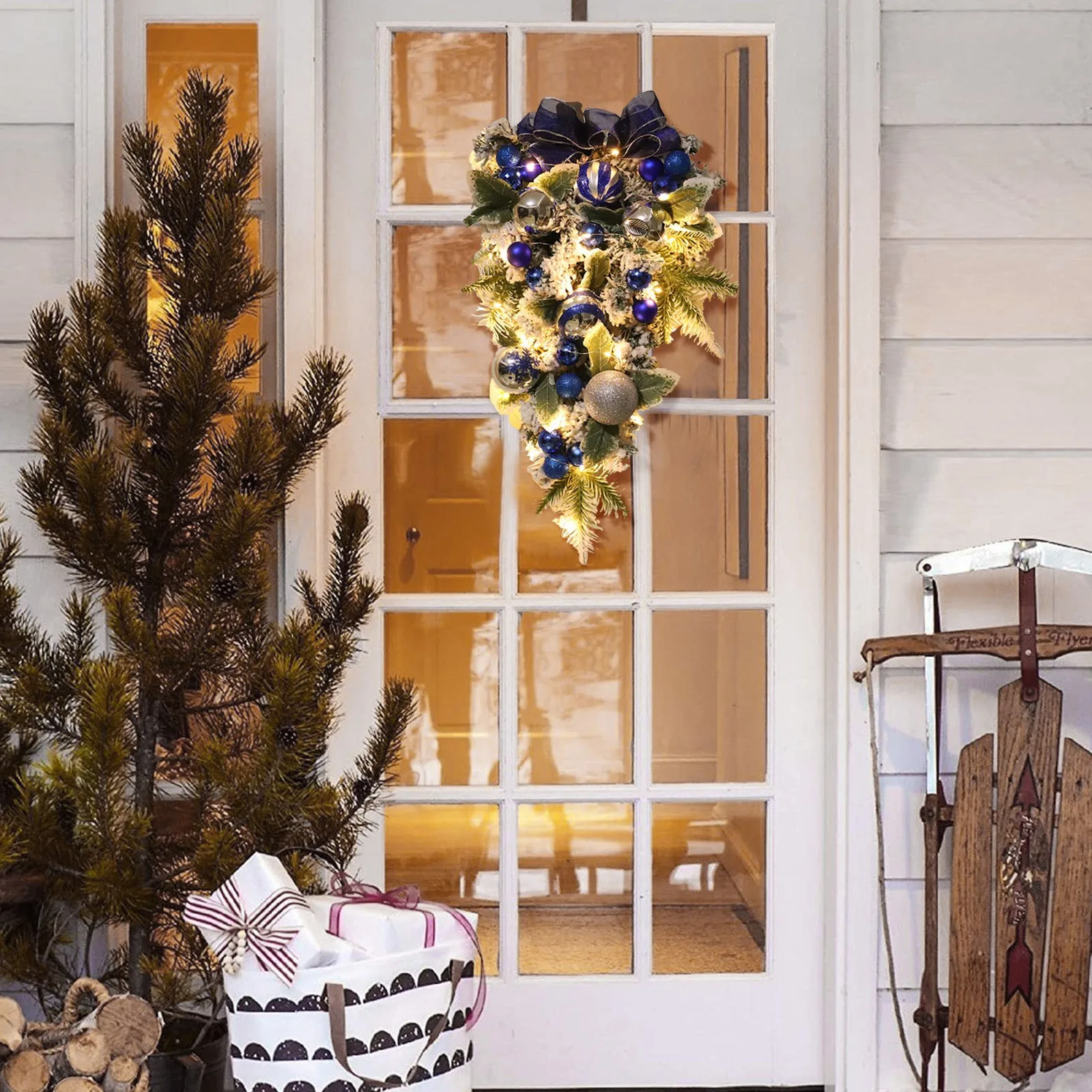 

2022 New Christmas Wreath Upside Down Tree Decorations Christmas Sconce Decorations Outdoor New Year Sign for Front Door