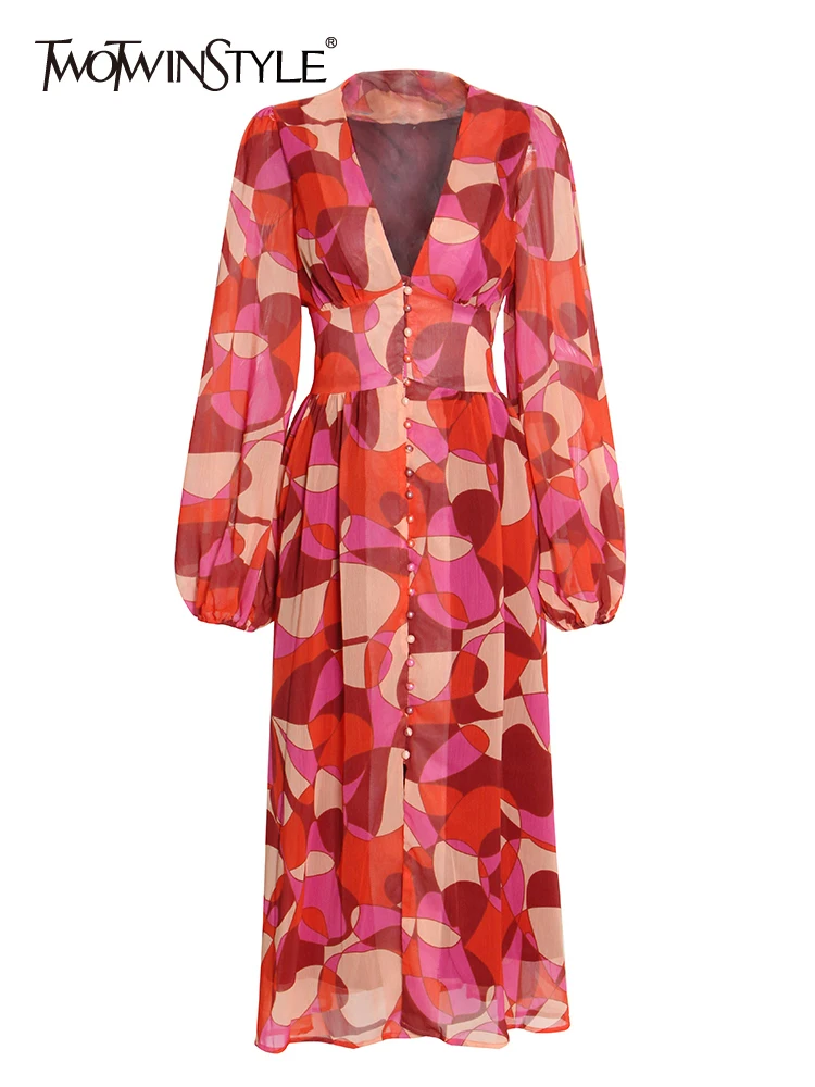 

TWOTWINSTYLE Loose Long Dress For Women V Neck Puff Sleeve High Waist Print Floral Midi Dresses Female Spring Clothing Style New