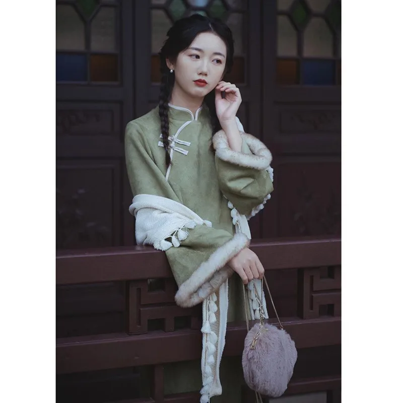 

Simple Cheongsam Elegant Slim Traditional Chinese Dress Women Ethnic Style Vintage Girl Qipao Autumn Winter Thicken Fashion