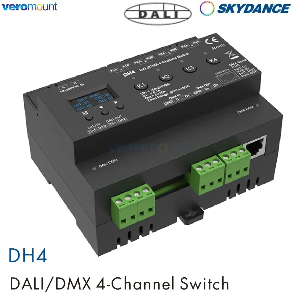 Skydance DH4 DALI DMX-переключатель OLED-дисплей Экранное реле 4 канала 16 А Выход с сухим