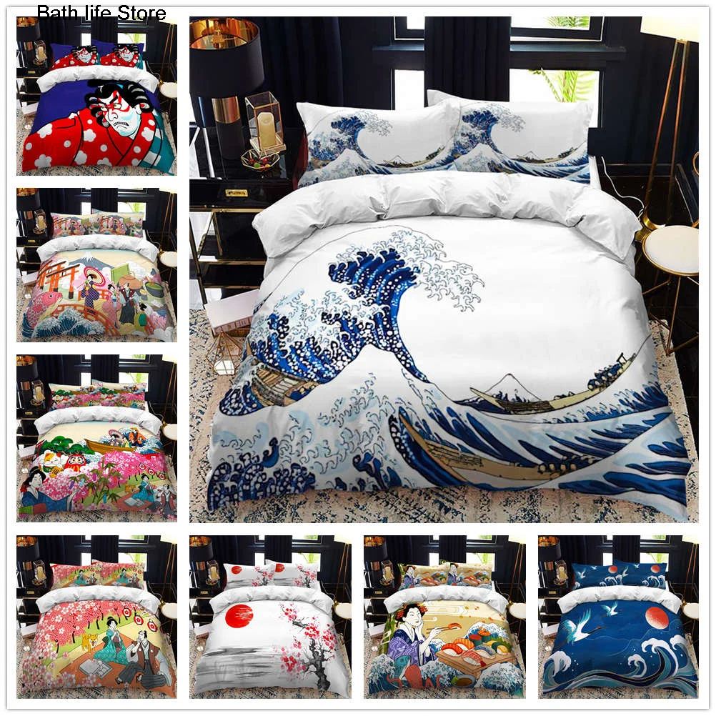

Japanese ukiyo bed duvet cover set queen calico Twin size comforter bedding set Single complete set
