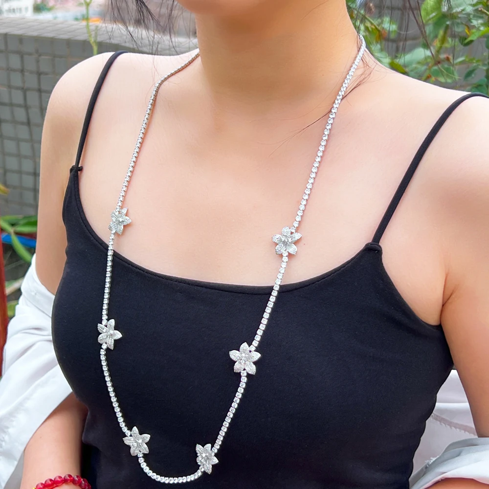 Женское Ожерелье-цепочка BeaQueen, Длинное Элегантное корейское ожерелье с милым цветком и кубическим цирконием, серебряного цвета, Ювелирное Украшение для невесты, N032