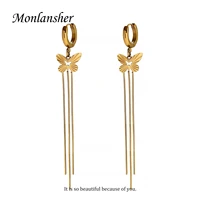 monlansher exquisite hollow butterfly metal tassel long dangle earrings stainless steel 18 k pvd drop earrings jewelry for women