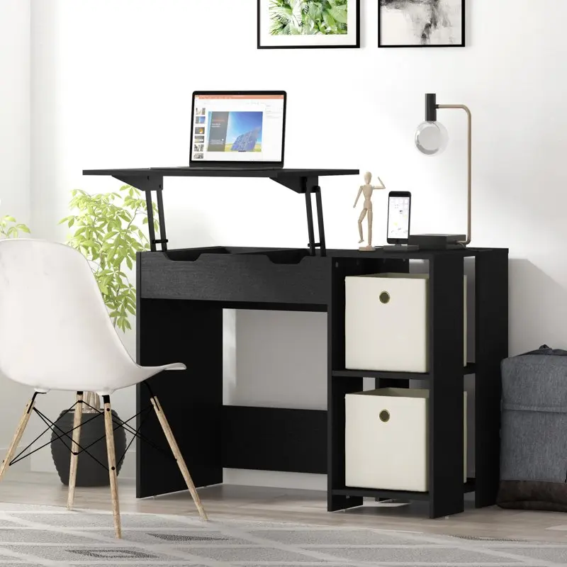 

Falls Wood Lift Study Desk with Storage, Black Oak, by Living Essentials