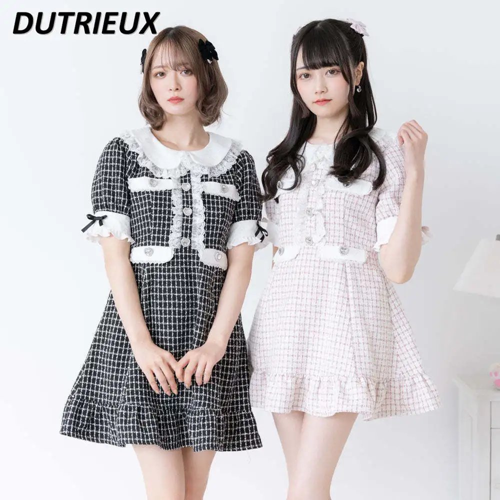

Japanese Style Sweet Doll Collar Short Sleeve Dress Exquisite Heavy Industry Temperament Dress Slimming Stringy Selvedge Dress