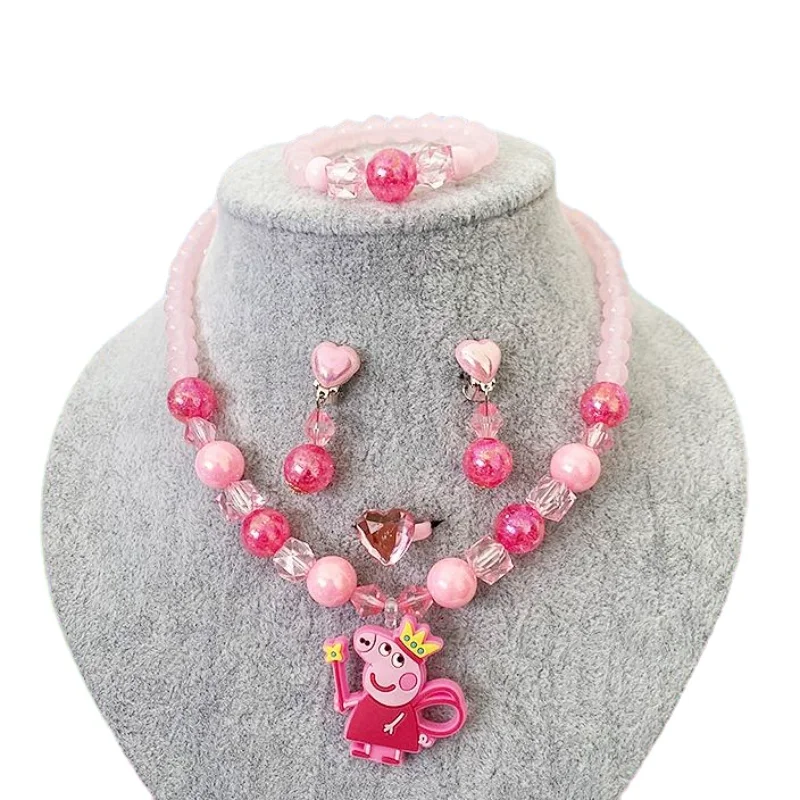 

Peppa Pig Children's Necklace Earrings Ring Five-piece Set Cute Aisha Sophia My Little Pony No Hole Ear Clip Jewelry Kawaii Set