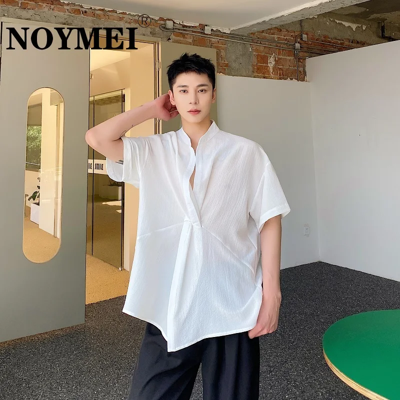 

NOYMEI Men's Short Sleeved Shirt Korean Style 2023 Summer Solid Color Stand Collar Cross Flap Design All-match Causal Top WA1282