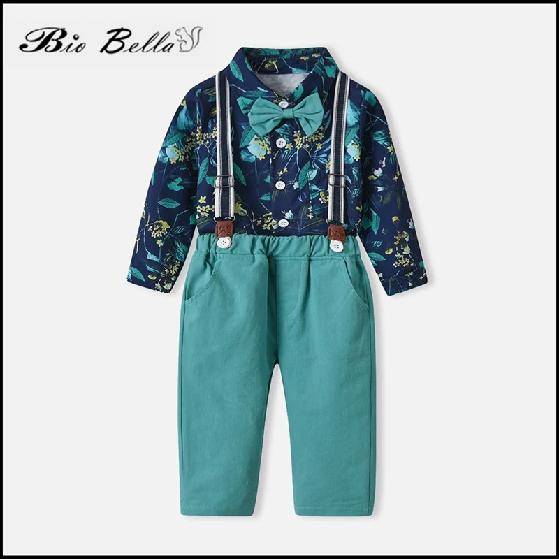 

Gentleman Baby Boys Clothing Suit Flower Kids Boy Outfits Long Sleeve T-Shirt+Belt Pants 2Pcs 1-6 Yrs Boy Outfits Wedding Party