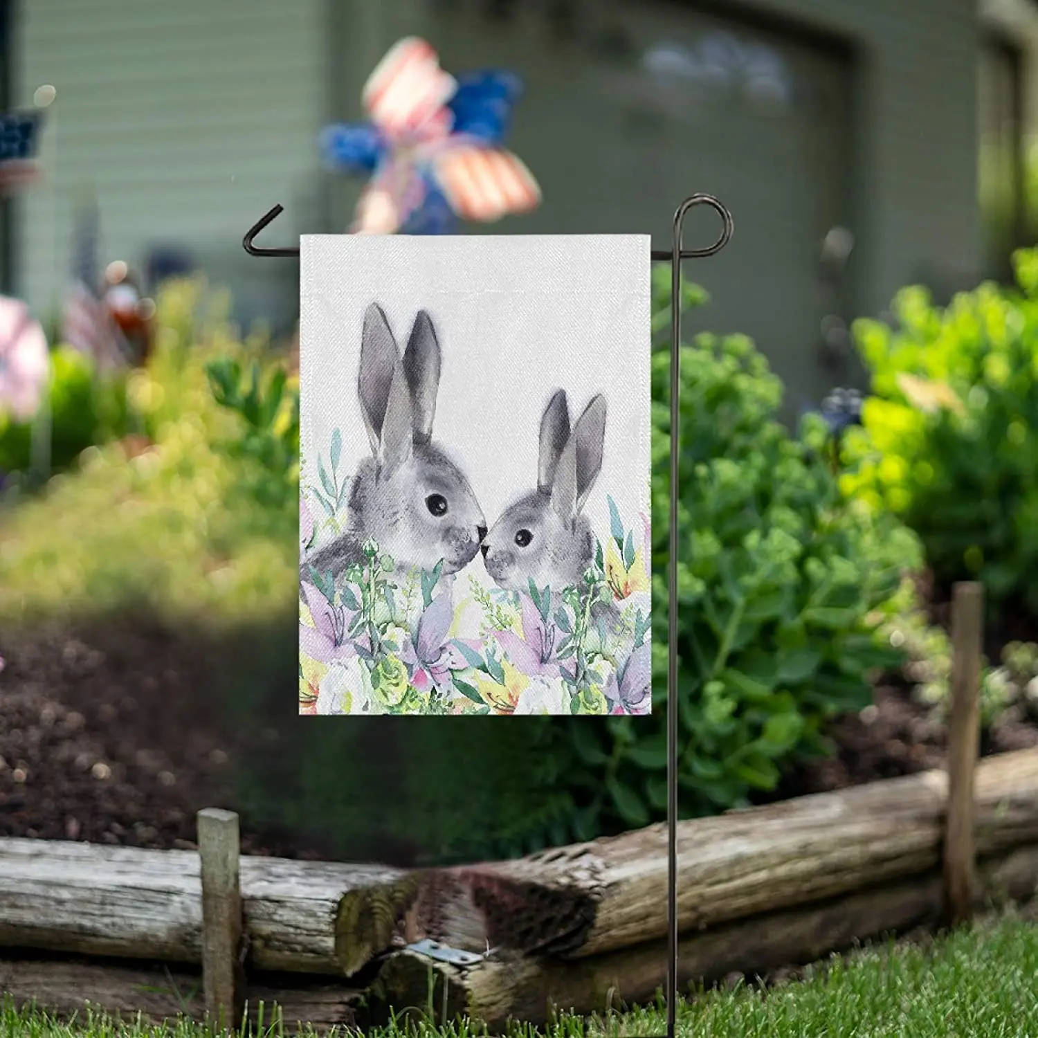 Easter Bunny Grey Rabbit Burlap Garden Flag Double Sided,House Yard Flags,Holiday Seasonal Outdoor Decorative Flag Banner for Ou