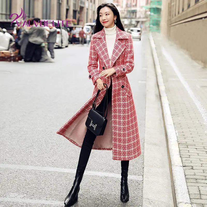 

2022 Autumn Winter New Woman Fashion Woolen Coat Slim Red Plaid Mid-length Over The Knee Korean Version of The Lapel Trench Coat