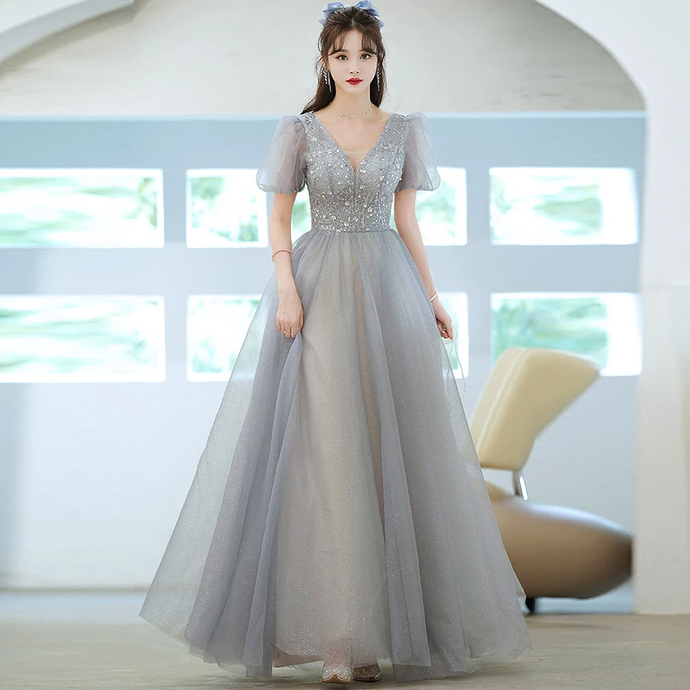 

Luxury Gold Sequins Beading Prom Dresses Puff Sleeves A-line Evening Dress Muslim Women Party Formal Gowns Dubai Robe De Soiree