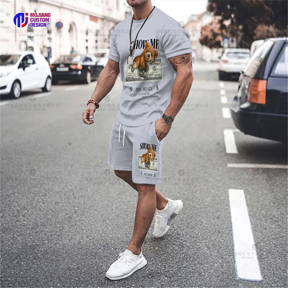 Men's Fun Bear Print T-Shirt Set Fashion Hip Hop Harajuku Short Sleeve Top Casual Oversized O Neck Street Shorts Clothing