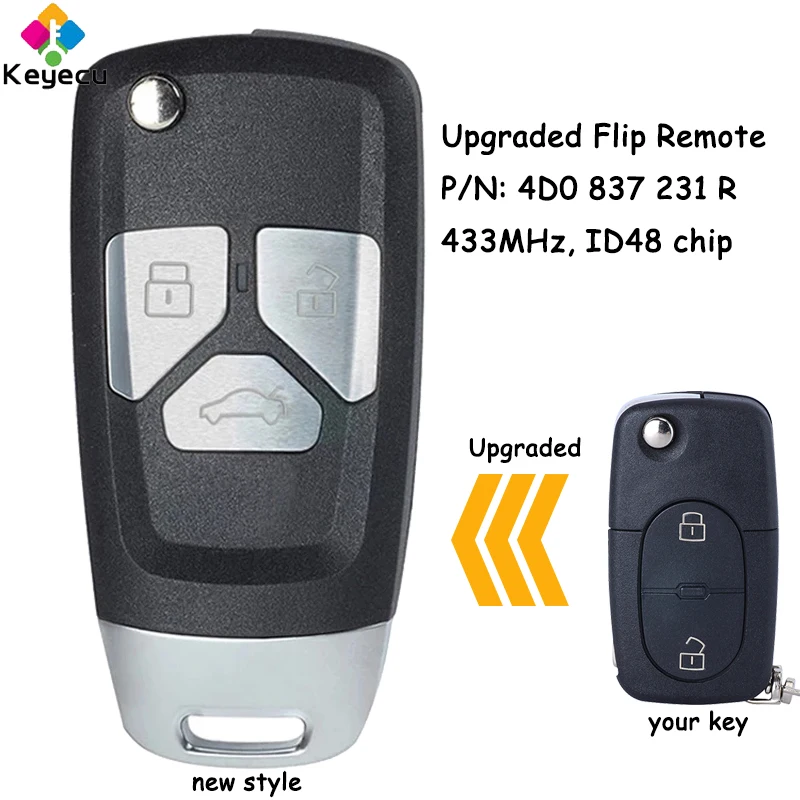 

KEYECU Flip Remote Control Car Key With 2 Buttons 433.92MHz ID48 Chip for Audi A3 A4 A6 Quattro RS4 Fob P/N: 4D0 837 231 R