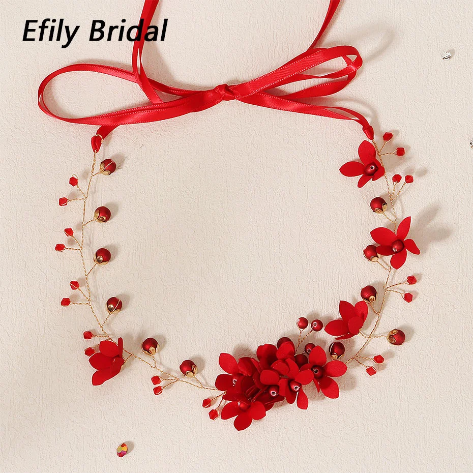 

Efily Red Flower Crystal Headband for Women Chinese Wedding Hair Accessories Jewelry Bridal Pearl Hairband Bridesmaid Gift