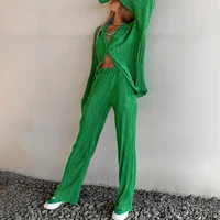 womens pant suit long sleeve loose pleated wide leg pants 2 piece sets autumn retro green casual two piece set women sexy club