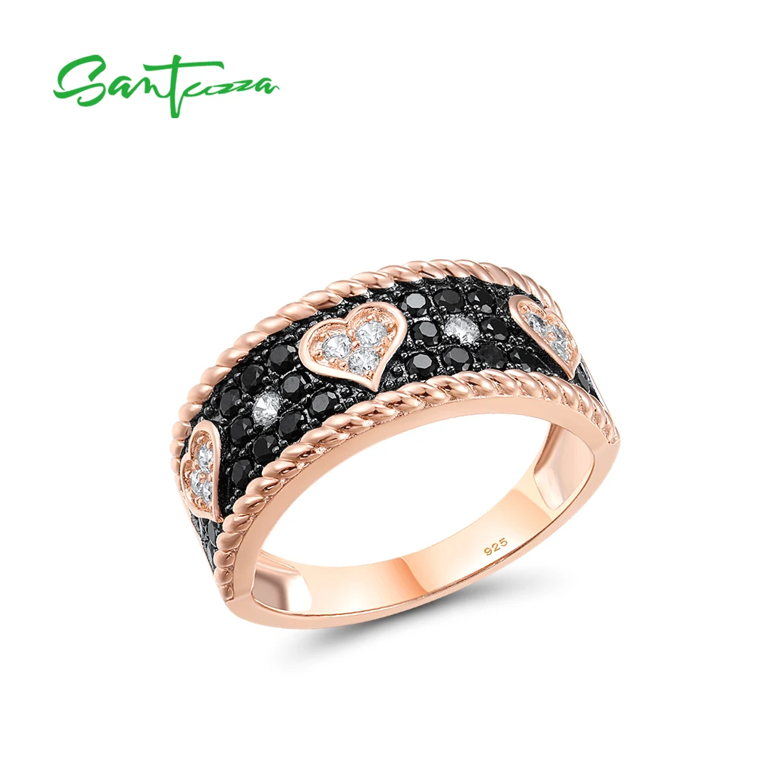 

SANTUZZA Pure 925 Sterling Silver Ring For Women Sparkling Black Spinel White CZ Rose Heart Antique Look Fine Elegant Jewelry