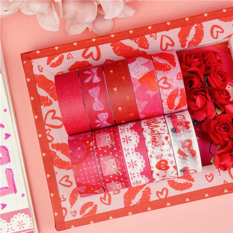 

10pcs Valentine Day Paper Washi Tape Set 15mm Sweet Love Letter Adhesive Masking Tapes Gift Decoration Stickers FC7325