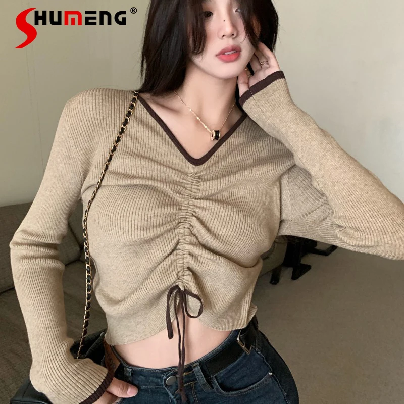 

V-neck Cool Contrast Color Drawstring Slimming Knitted Sweater 2022 Spring New Elegant Long Sleeve Pullover Unique Knit Tops