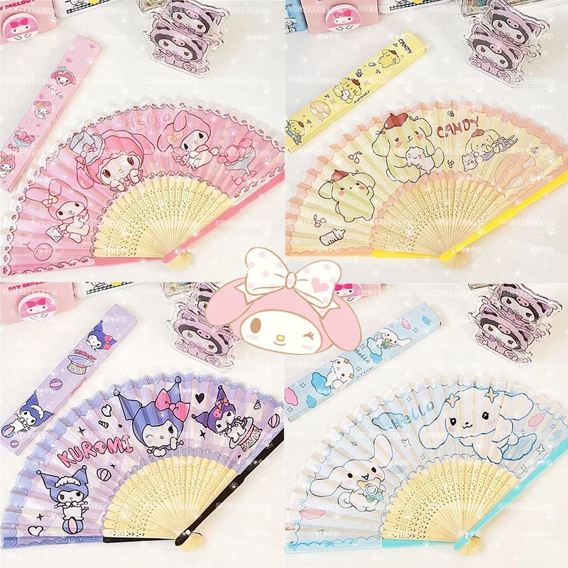 

Kawaii Sanrioed Folding Fan 2023 My Melody Kuromi Cinnamoroll Pom Pom Purin Hollow Bamboo Fan Handle Hand Fan Photography Props