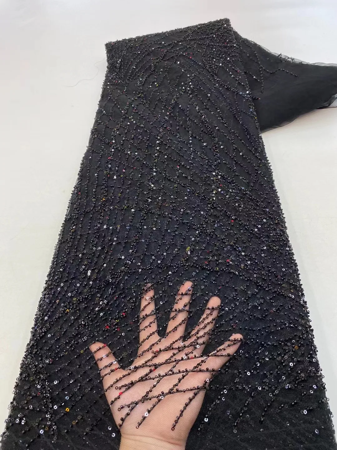 Черная Высококачественная вышивка нигерийские бусины кружевная ткань блестки