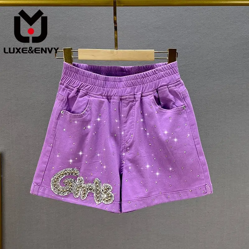

LUXE&ENVY Hot Diamond Denim Shorts Women's 2023 New Summer High Waist Slim Thin Wide Leg Pants Hot Pant Trend