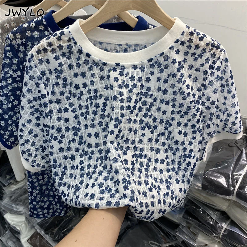 

Floral Lace O-neck Short-sleeved Women Summer Slim Casual All Match Female Pulls Top 2022 Leisure Korean Style Holiday Streetwea