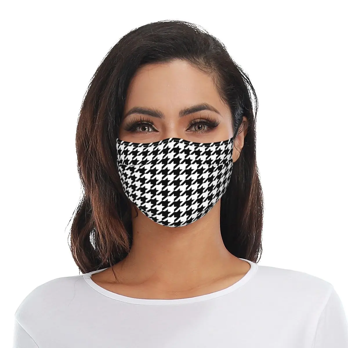 

Houndstooth Print Face Mouth Mask Black And White Classic Print Adult Protective Fun Cloth Luxury Facial Mask With Filter