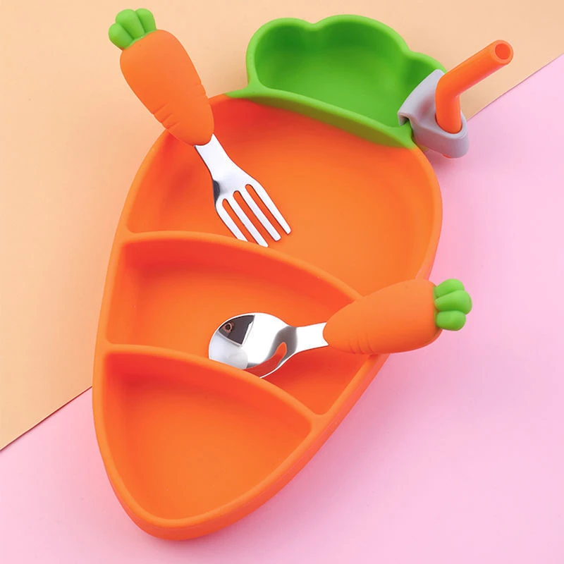 

Carrot Style Children Silicone Dinner Plate Dinner Plate Fork Spoon Cutlery Set Infant Food Supplement Grid Plate Baby Feeding