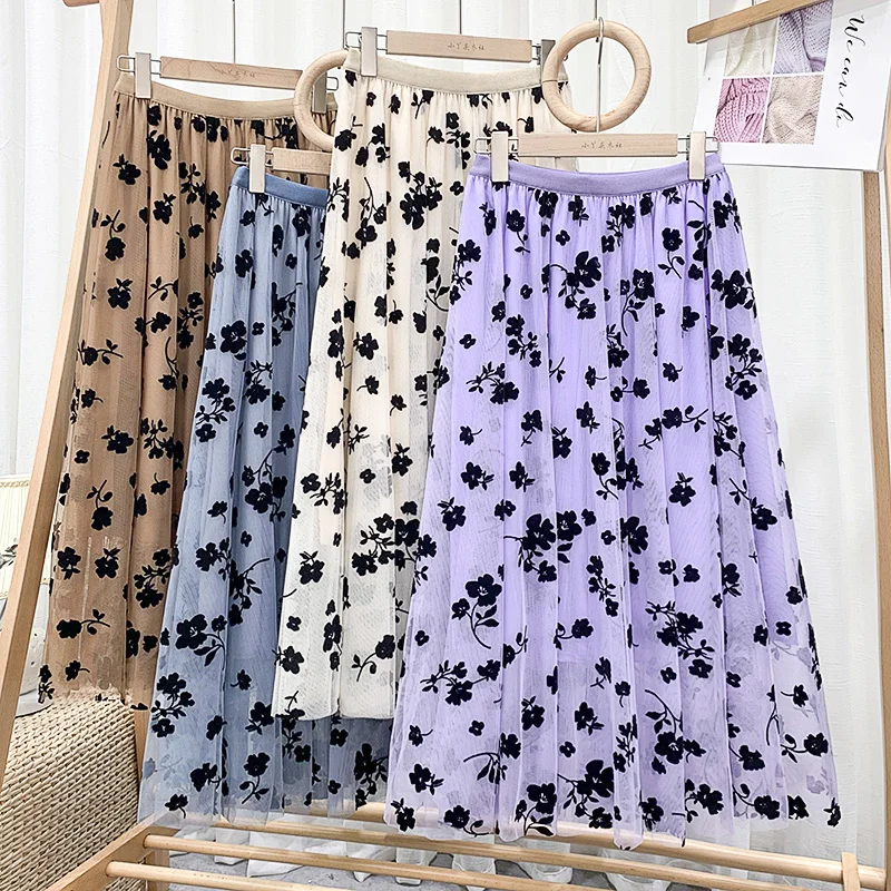 

Croysier Skirts Womens 2021 Mid Calf Long Skirt Floral Flocking Tulle Skirt Women Elastic High Waist Mesh A line Midi Skirt