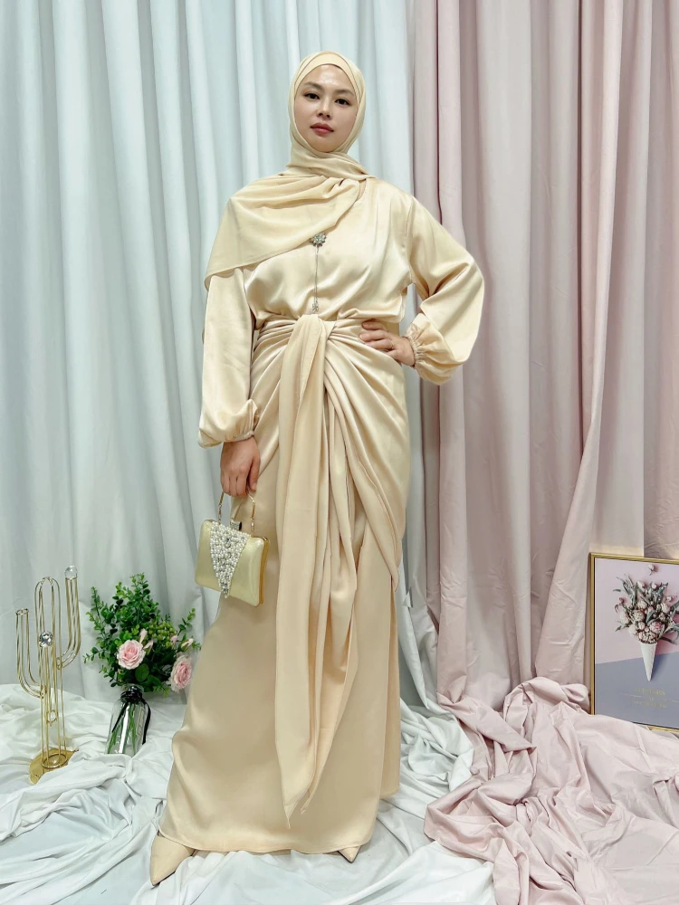 

Ramadan Eid 2 Piece Set Soft Stain Abaya Kaftan Robe with Long Corset Skirt Hijab Muslim Dress Women Abayas Dubai Turkey Islam
