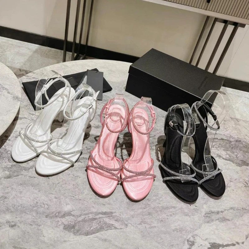 Women's Sandals 2023 Summer New Round Toe High Heel Party Fashion Rhinestone Sexy Mother Button Slim Heel Open Toe Roman Sandals