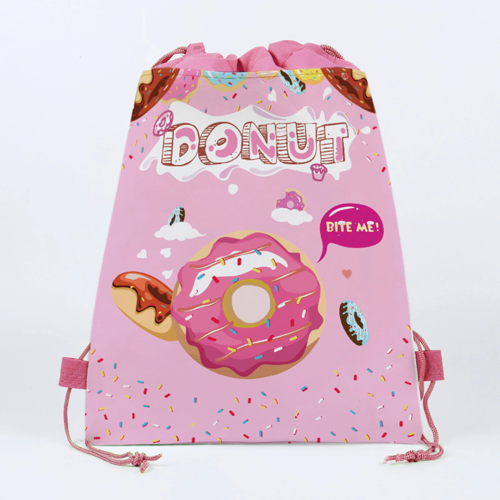 

10/12pcs Cartoon Sweet Donuts Non-woven Gifts Bag Drawstring Packing Bag Birthday Party Supplies Storage Backpack Bags Decor