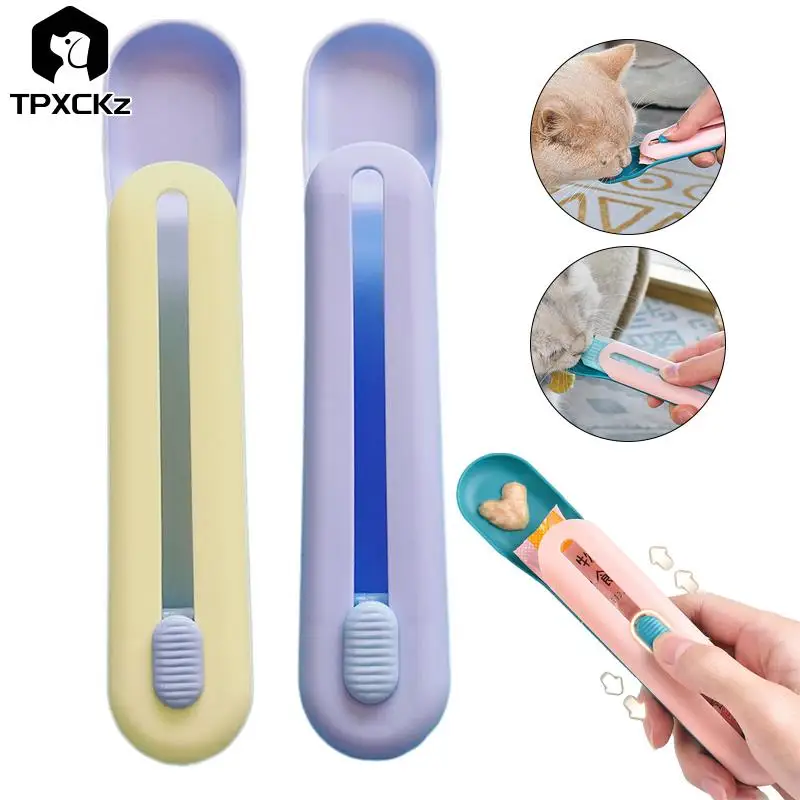 

Portable Pet Cat Feeding Scoop Button Pushed Design Food Long Strip Cat Snack Squeezer Feeder Multipurpose Spoon Pet Supplies