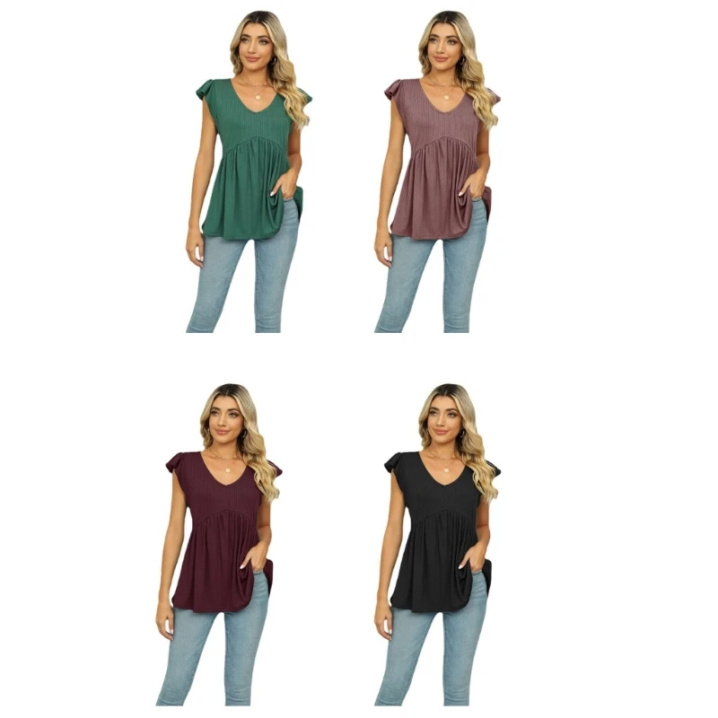 

Топ женский в рубчик с баской, коротким рукавом и оборками