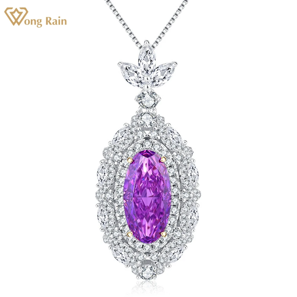 

Wong Rain Luxury 925 Sterling Silver 8*16MM Oval Created Moissanite Amethyst Emerald Gemstone Pendant Necklace Fine Jewelry Gift