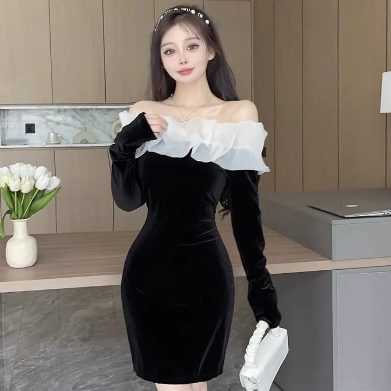 

Women's Dress Mesh Off Shoulder Knee-Length Patchwork Dresses Solid Color Slash Neck Slim Sexy Vestidos Bodycon Dropship