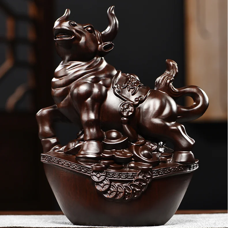 

Фэн-шуй декор искусство Эбеновое дерево резной китайский зодиак корова оксен Yuanbao Статуя