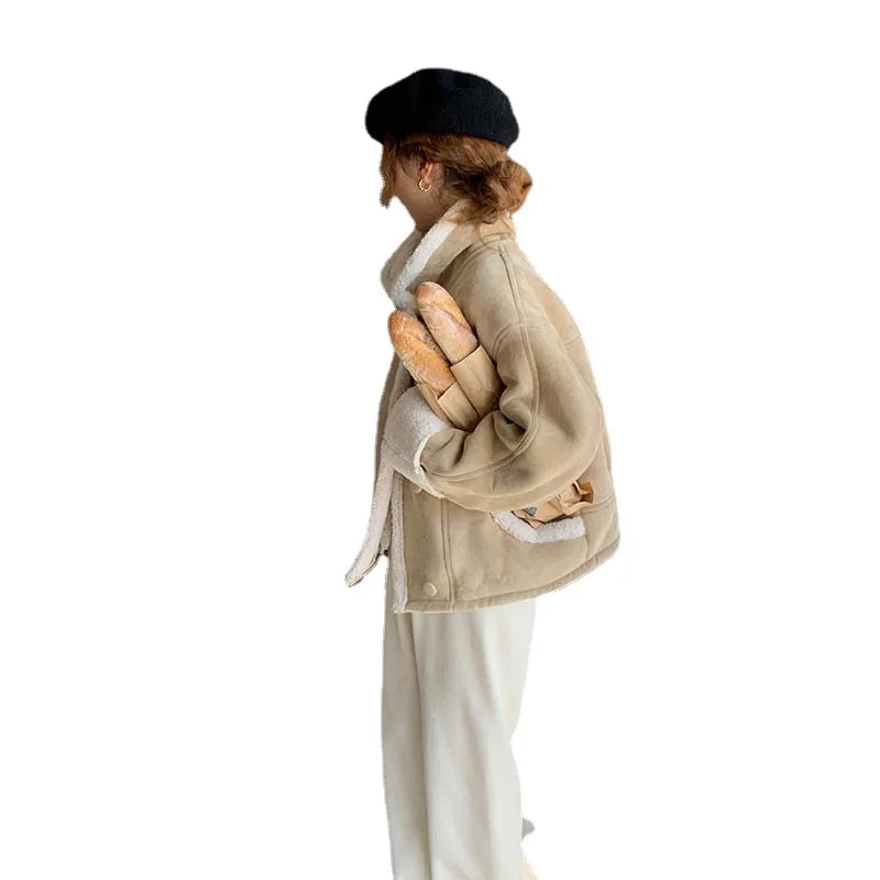 Coat women's autumn and winter lamb wool loose thickened wool leather coat