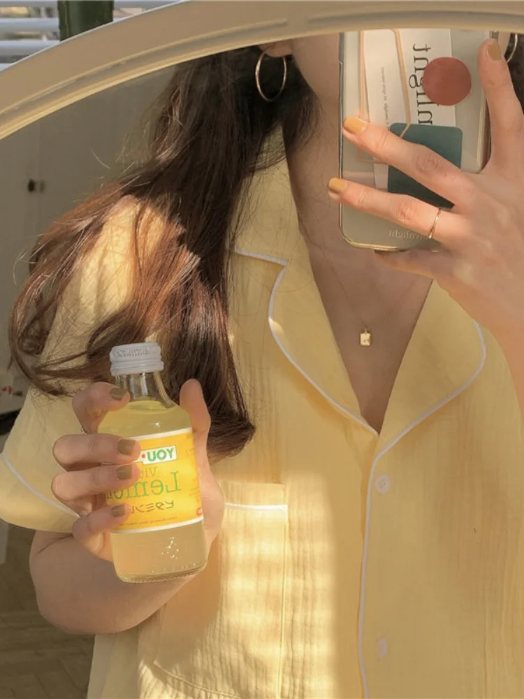 Pajamas for Women's  Summer Solid Color Cotton Sleepwear Korean Simple and Sweet Style  Short-sleeved Two Pieces Set Loungewear