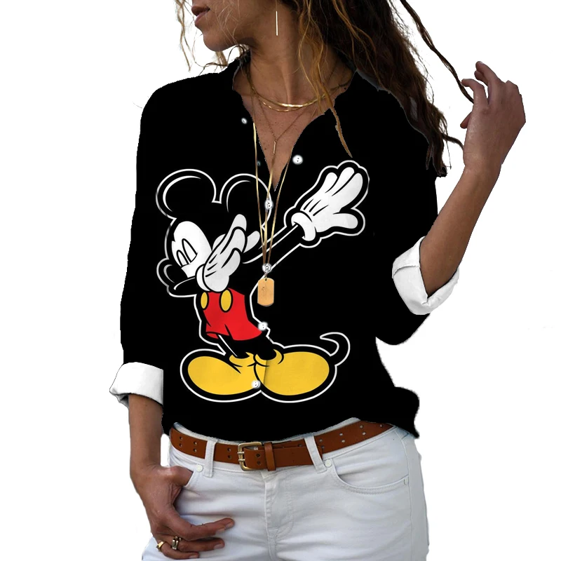 

Disney Harajuku Slim Fit 3D Printed Women's Button Up Long Sleeve Shirt Mickey Minnie Casual Cute Shirt y2k