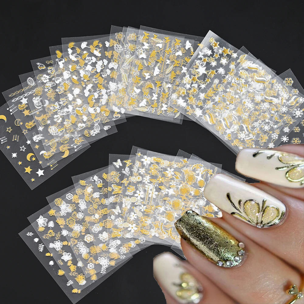 

30pcs 3D Gold Butterfly White Flowers Nail Art Stickers Hollow Decals Mixed Designs Adhesive Flower Nail Tips Decorations Salon