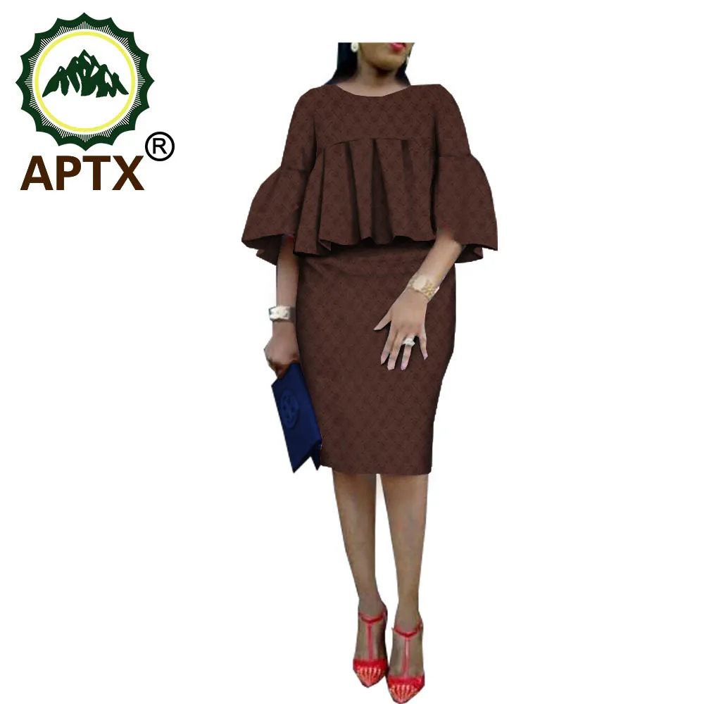 African Jacquard Top+Skirt Suit for Women APTX Half Puff Sleeves Top+Knee Length Skirt Cotton Material TA1826014