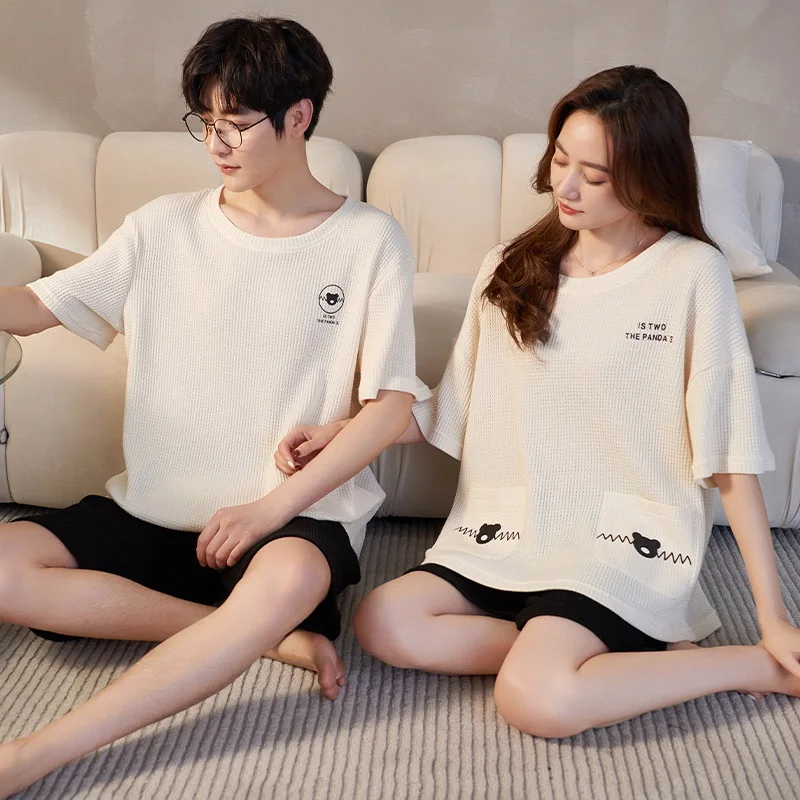 New Short Sleeve Sleepwear Couple Men Women Home Set Cotton Pjs Korean Leisure Nightwear Pajamas for Summer Shorts Pyjamas