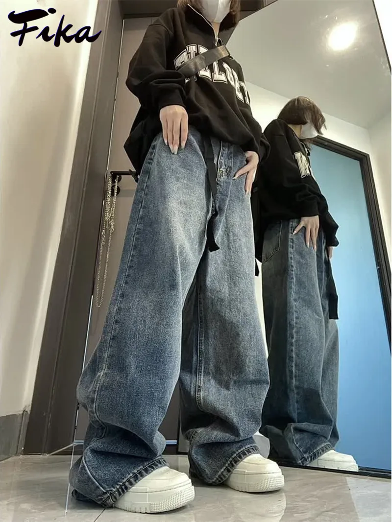 

Harajuku Blue High Waist Wide Leg Buckle Belt Jean Pants Y2K Vintage 90S Baggy Trousers Casual Loose Boyfriend Jeans for Women