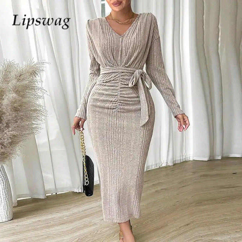

Sexy V Neck Long Sleeve Slim Long Dress Solid Color Striped Knitted Sweater Dress Autumn Elegant Waisted Lane-up Ladies Dresses