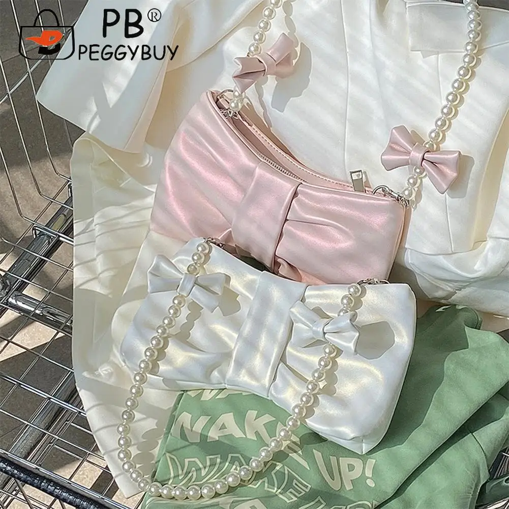 

Pearl Bow Shoulder Totes Bag Leather Pleated Women Shoulder Crossbody Bag for Women Outdoor Shopping Business