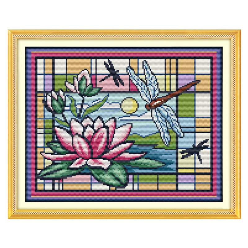 

Dragonfly and lotus cross stitch kit 14ct 11ct pre stamped canvas cross stitching animal embroidery DIY handmade needlework