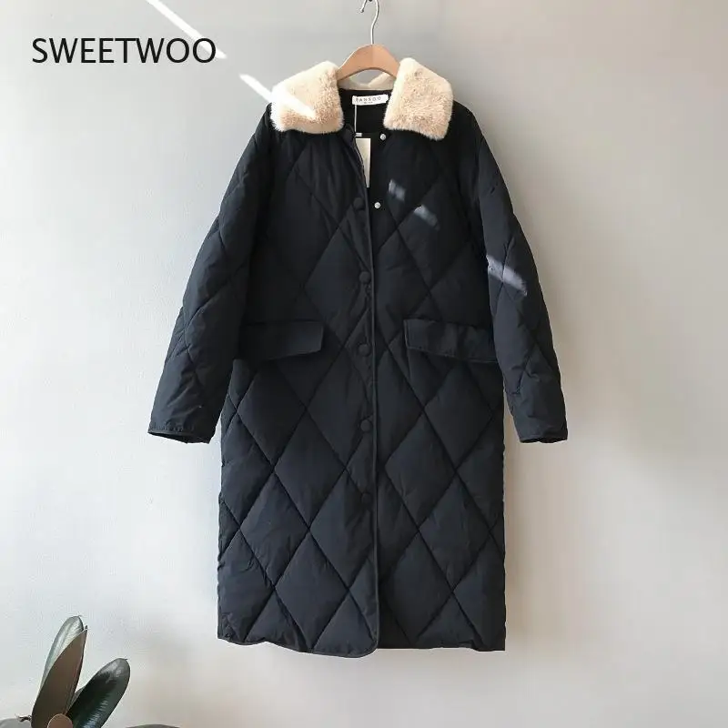 Winter Women Fur Collar Oversize Rhombus Pattern Long Parkas Pocket Female Warm Long Cotton Overcoat Single Breasted Outwears