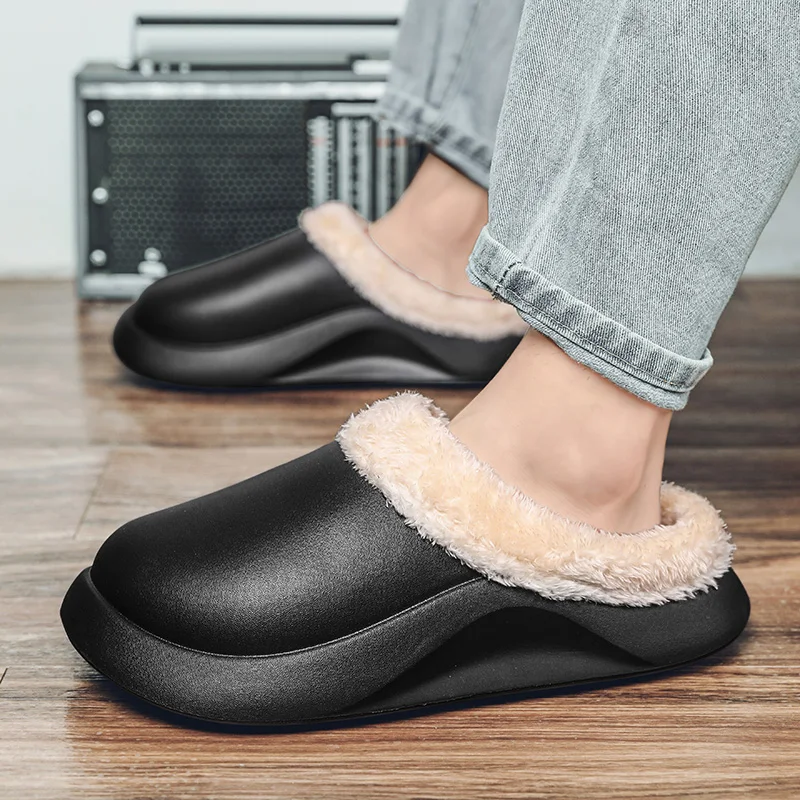 

Men Slippers Winter Warm Home Plush Shoes Male Fashion Thick Sole Non-slip Indoor Artifical Leather EVA Bedroom Slippers